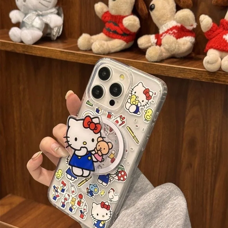 Cute Cartoon Painting Hello Kitty Bear Magnetic Holder Magsafe Wireless Charge Case For iPhone 16 13 12 11 14 15Pro Max XR Cover