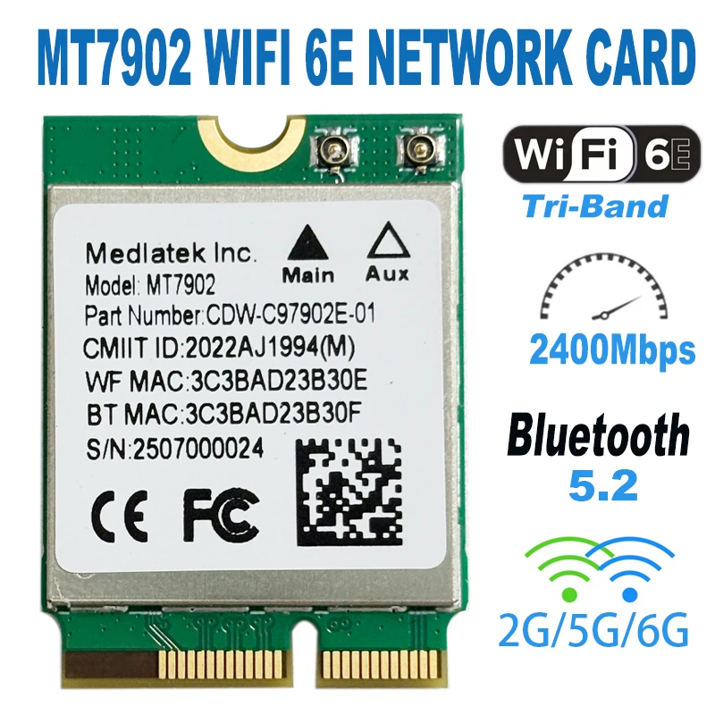 

ДЛЯ MT7902 WiFi 6E карта NGFF CARD 2,4 ГГц 5 ГГц 6 ГГц 2400 Мбит/с BT5.2 NGFF Cnvi Wlan Card wifi6 mt7902