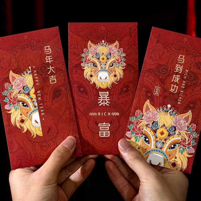 Enveloppes rouges de l'année du cheval 2026, 6 pièces, enveloppes d'argent porte-bonheur de bénédiction de Style chinois, paquets rouges de dessin animé traditionnel