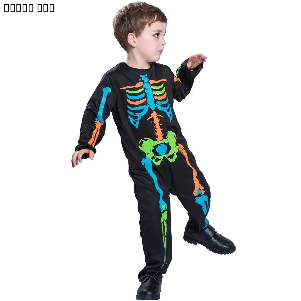   بدلة هيكل عظمي للأطفال في أزياء الهالوين ذات الطابع المسبق، بدلة من البوليستر من قطعة واحدة للاحتفال بالحدث المدرسي