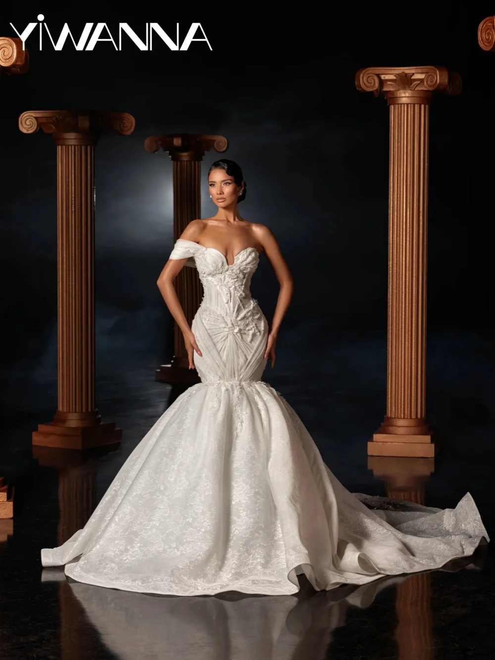 

Dreamy Ivory Lace Embroidery Wedding Dress One Shoulder Mermaid Floor-length Bridal Gown Customized Exquisite Dresses For Bride