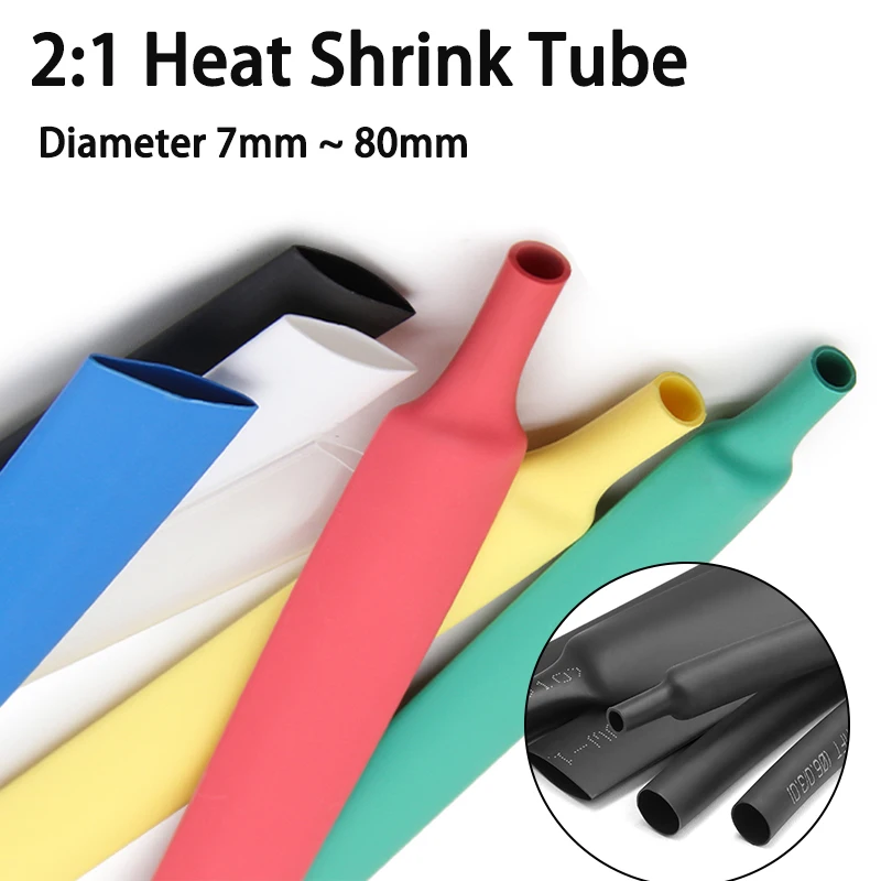 2 Meter 2:1 Schrumpfschlauch, Durchmesser 7 mm ~ 50 mm, wasserdicht, zum Selbermachen, zum Ummanteln von Kabeln, zur Reparatur von Kabeln, ohne Kleber im Inneren, Polyolefin-Schlauch