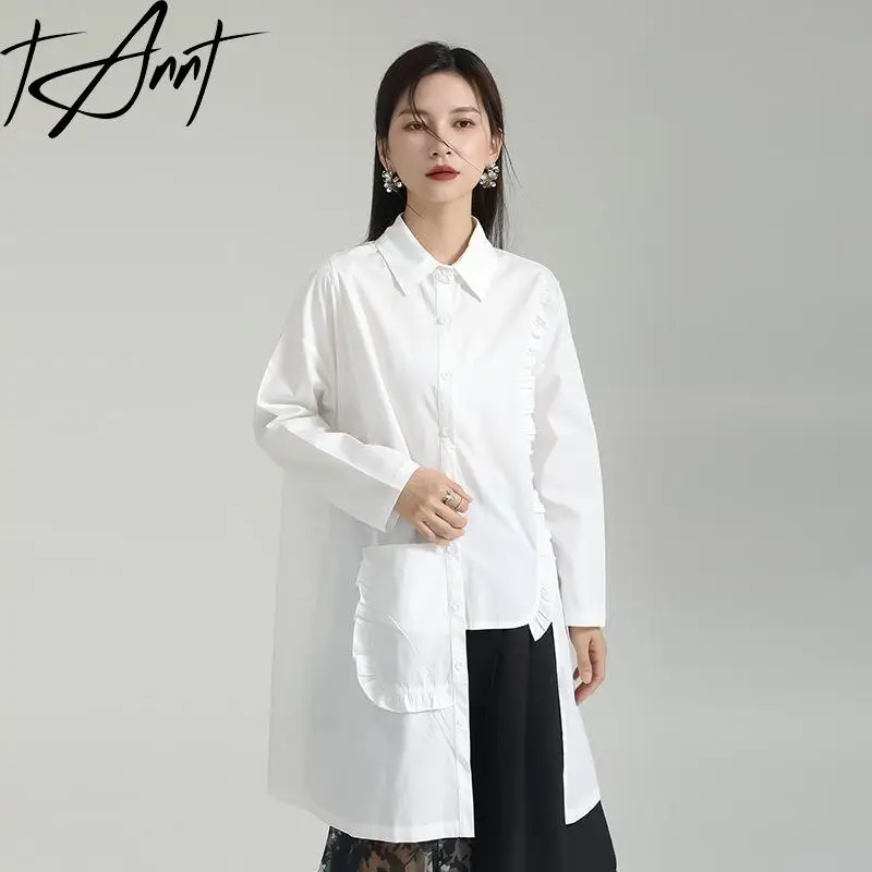 Tannt Women Shirt Asymmetry Patchwork Long Sleeves Coffee Blouse Tops Irregular Long White Black Casual Women Tops 2023 New