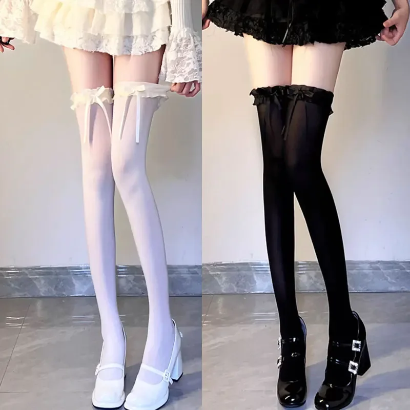 جديد الأبيض الحرير القوس جوارب المرأة اليابانية JK الإفراط في الركبة جوارب مثير الدانتيل عالية الفخذ جوارب شبكية طويلة لوليتا الجوارب #6