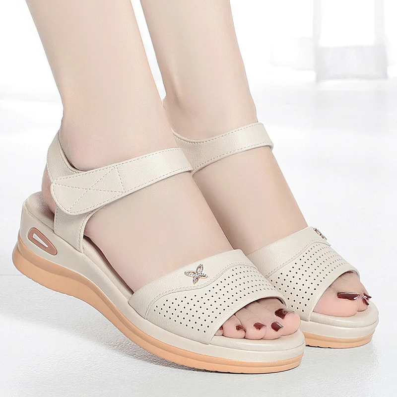 Summer Women Sandals Casual  Flat Shoes Genuine Leather Female Wedges Soft Sole Cozy Mother Shoes Butterfly Hollow Breathable