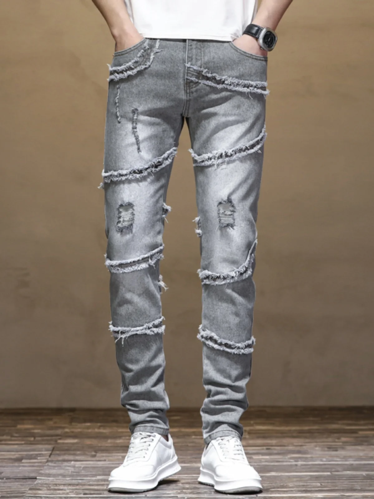 

ey Cigarette Hole Ripped Jeans Men's Elastic Slim Fit Casual Long Pants Trendy Brand Cotton Stretch Denim mid Waist Zipper