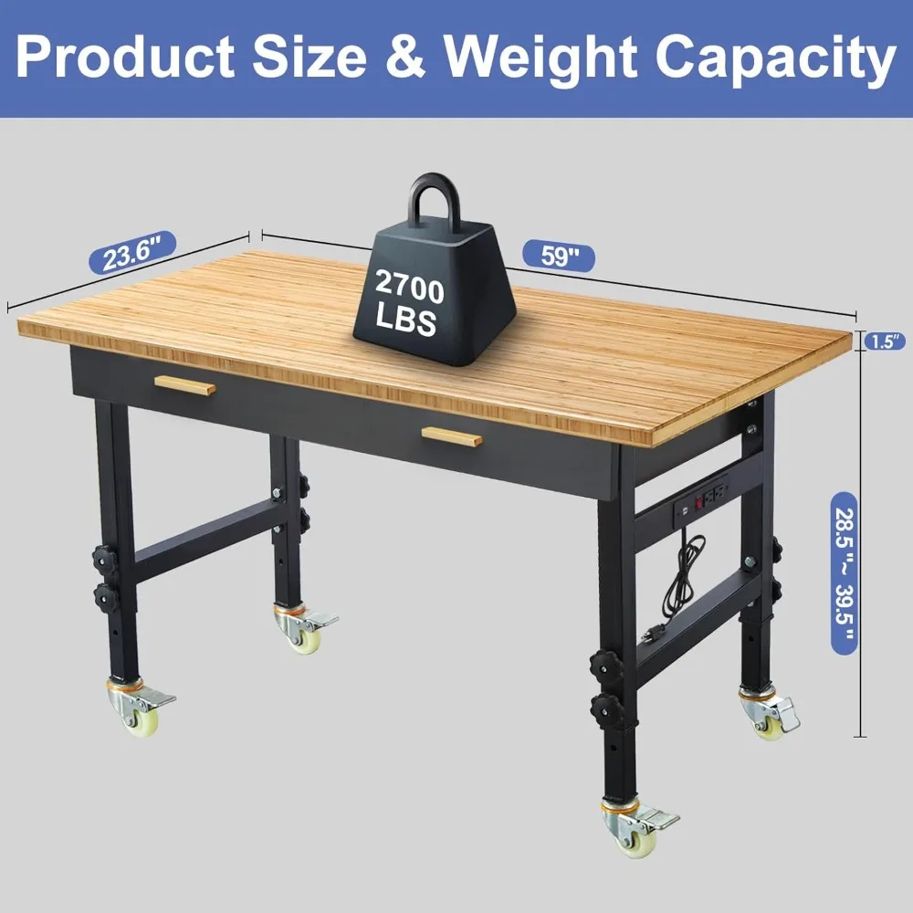 Banc de Travail Réglable en Bambou RapDuty, Table de Travail de Garage, Charge de 2700 LBS, 60 Pouces