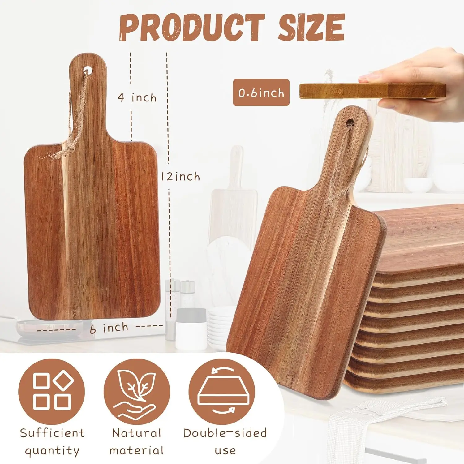 Bulk Kitchen Chopping Boards with Handle Wooden Serving Tray Charcuterie Boards for Pizza, Bread, Cheese, Fruit(12 x 6 Inch)