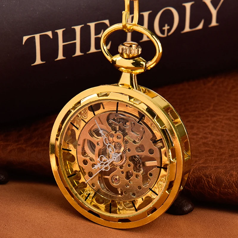 Orologio da tasca meccanico dorato di lusso per uomo donna quadrante trasparente cassa in oro orologio con ciondolo a catena Fob per regalo di raccolta