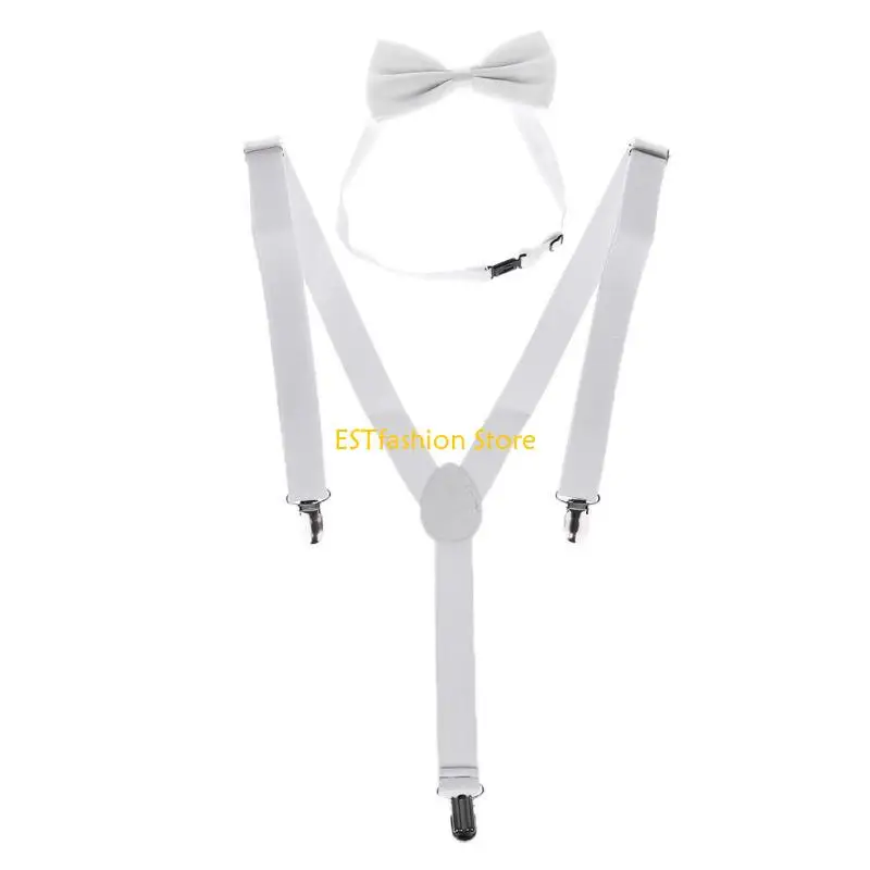 

Y5GC Unisex Adjustable Y-Back Suspenders Bow Tie Set Clip-On Braces Elastic Wedding