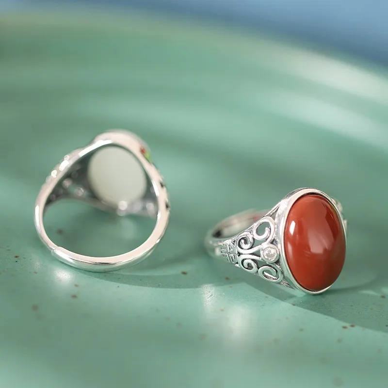 JZ308 ZFSILVER Thai Silver S925 Fashion Trendy Fine South Red Agate Hetian Jade Retro Oval Ring Girl Women Wedding Party Jewelry