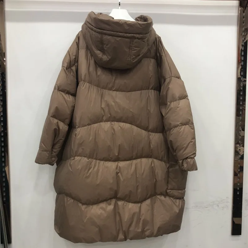 Frauen weiße Ente Daunen lange Jacke mit Kapuze lose über Größe Mantel Herbst Winter warme Outwear koreanische große Taschen Jacken für Frauen