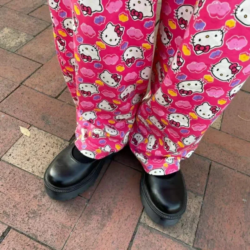 Sanrio Pink Hello Kitty Wide Leg Pants Girls Spring Autumn Elastic Waist Y2k Pants Students Cute Loose High Waist Casual Pants