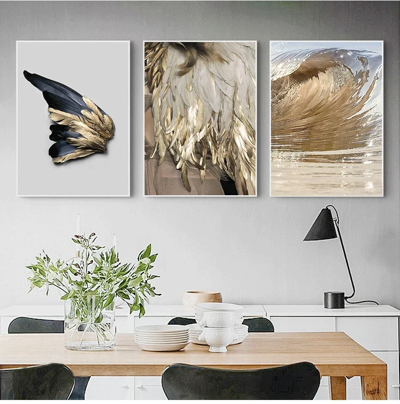 American Modern Living Room Decoration Gold Feather Abstract  Angel Wings Canvas Painting Wall Picture Sofa Background