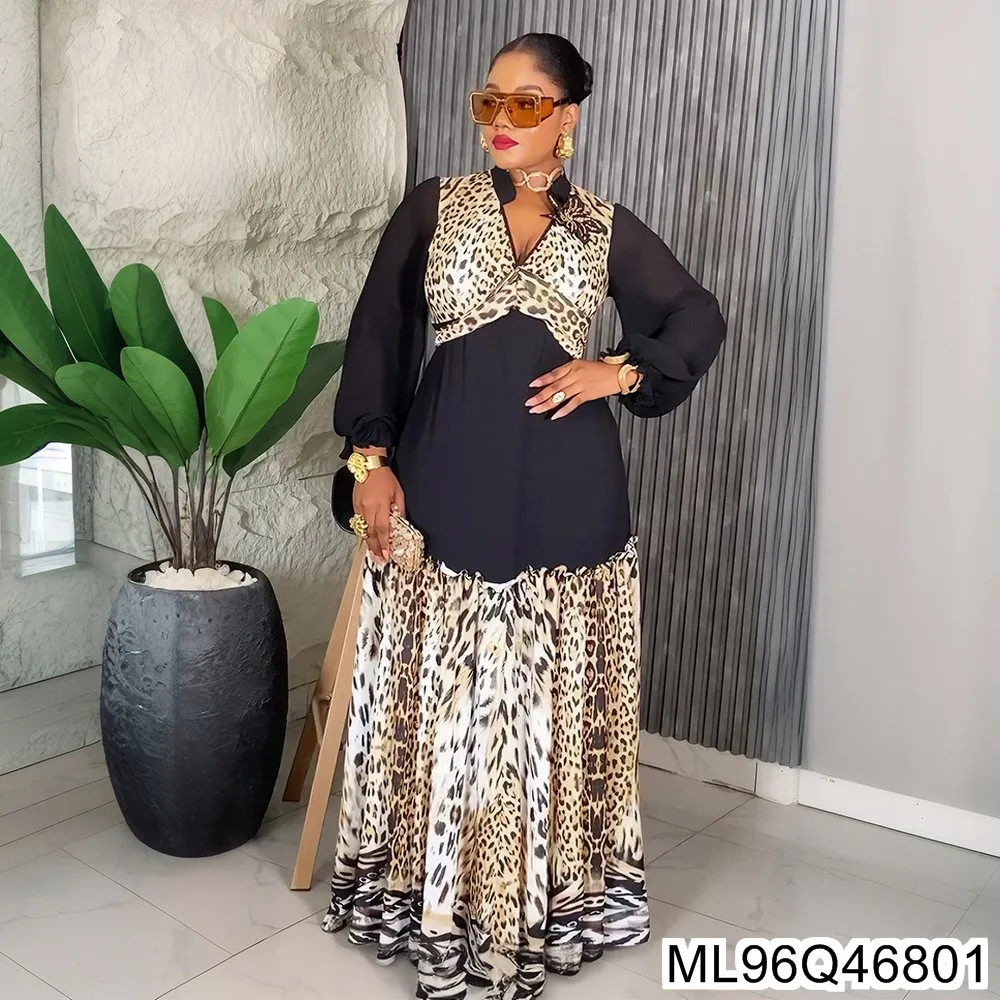 

2025 New African Plus-size Women's Elegant Long Dress, European and American Trend V-neck Pleated Dress ML96Q468