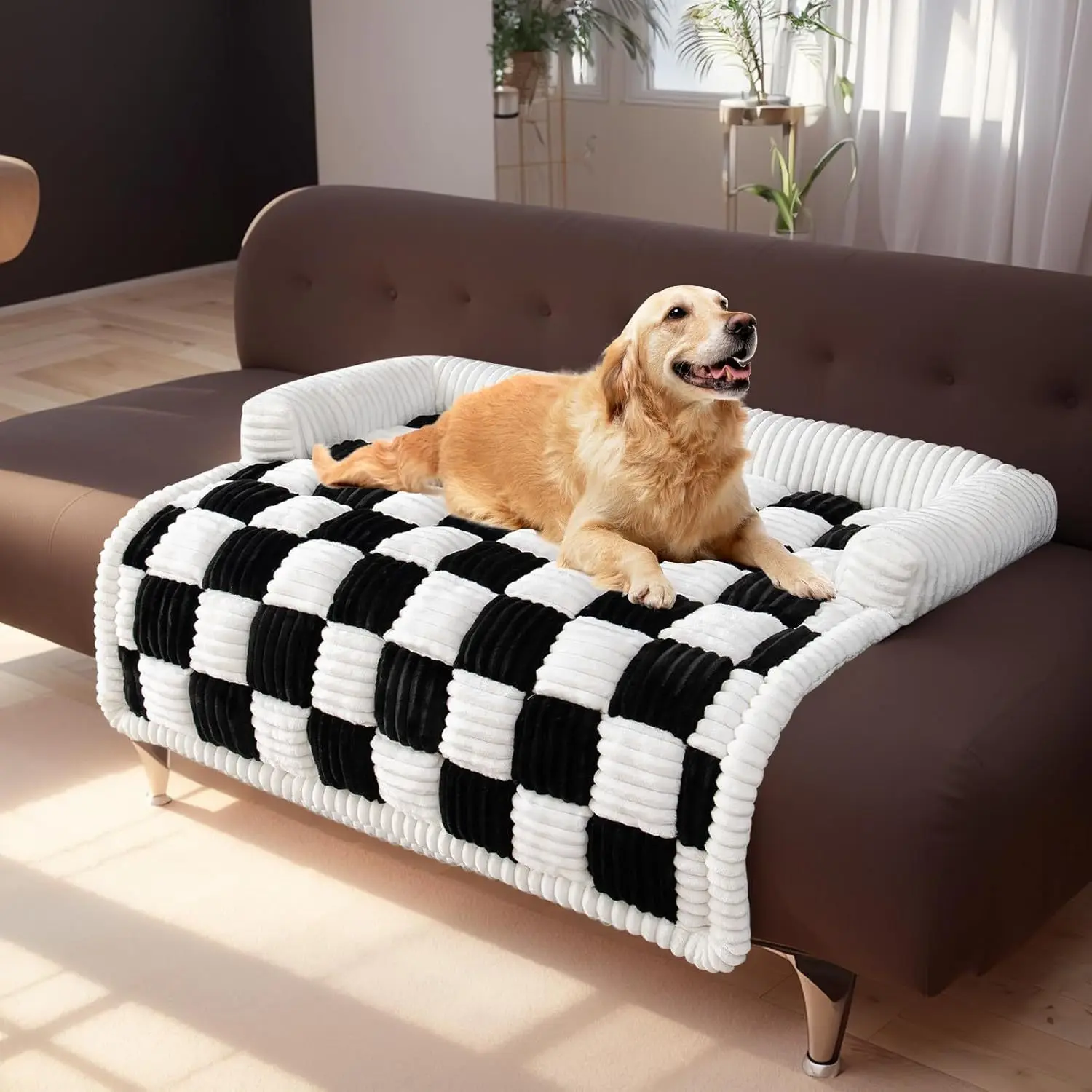 Plaid Print Pet Couch Covers Dog Couch Cover Sofa Cover Cream Square Plaid Cozy Dog Mat Furniture Protector for Sofa Dog Blanket