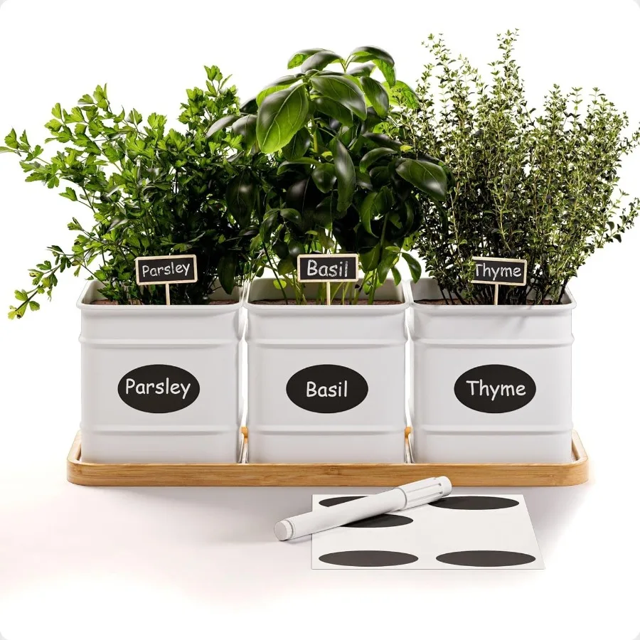 

Кашпо для трав, домашние 3-х железные горшки для трав с дренажными отверстиями, лакированный бамбуковый поднос, настраиваемые этикетки, маркер, ручка для домашних трав, Garde