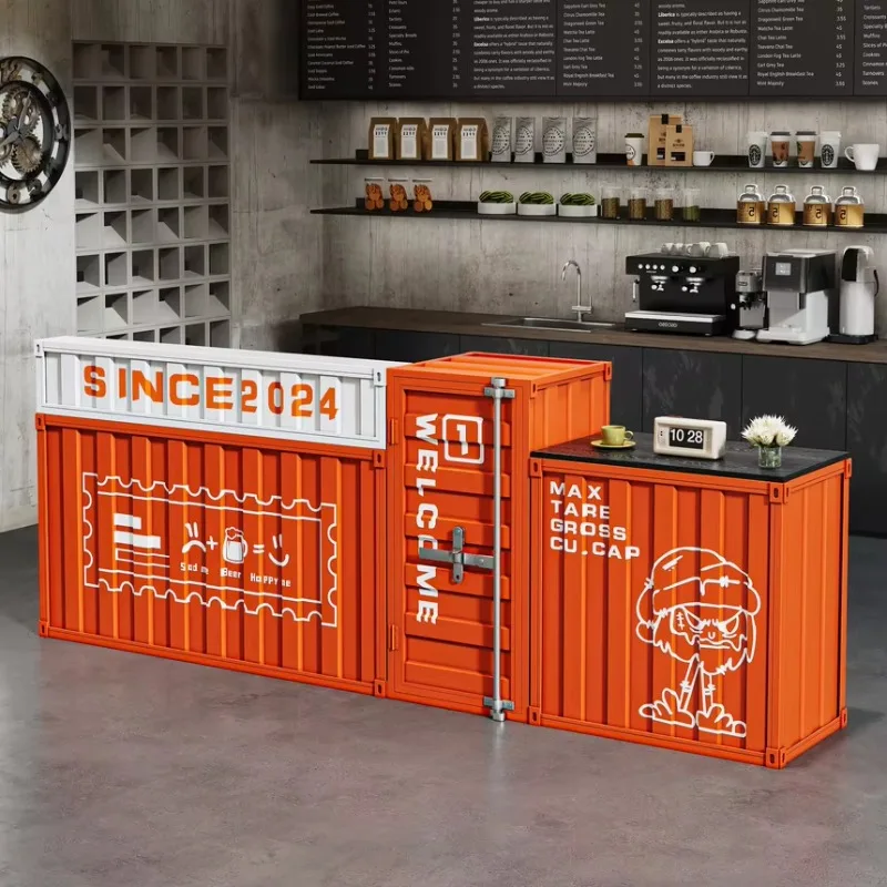 Industrial-style Bar Counter with Vintage Ironwork, Gym Container Corner for Cashier and Reception Area, Custom-made