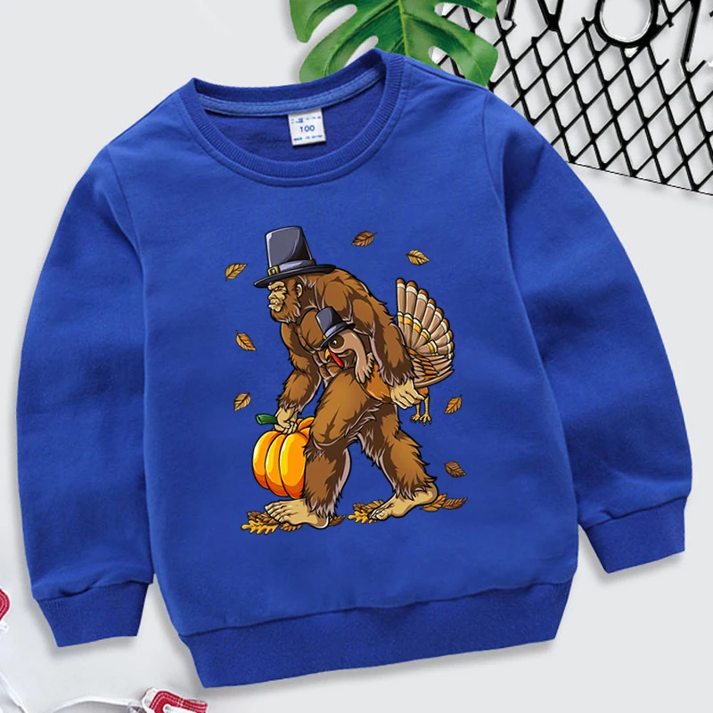 Kids Thanksgiving Bigfoot Turkey Pumpkin Sweatshirts Funny Turkey Riding A Dinosaur Print Children Boys Thanksgiving Sweatshirts