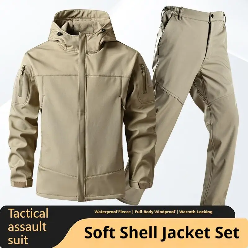Men's Outdoor Fleece Tactical Suit Jacket Soft Shell Assault Suit Waterproof Windproof Mountaineering Camping Hunting Suit