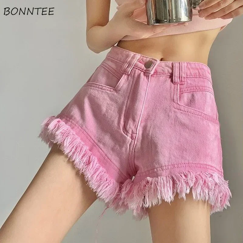 

Shorts Women Pink Sweet Style Summer Tassel Denim Washed Vintage Preppy Cozy All-match Empire Trendy Simple High Street Ulzzang