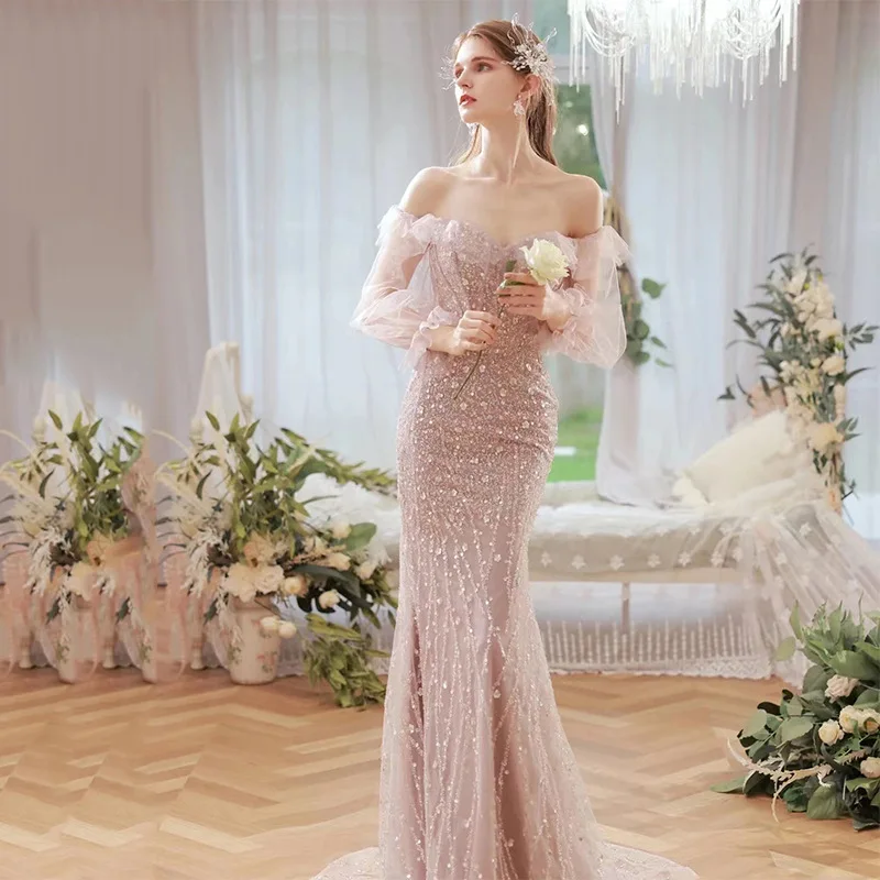 One-shoulder Mermaid Sweetheart Wedding Gowns Vintage Beading Flowers Party Dresses Elegant Luxury Pink Evening Gown