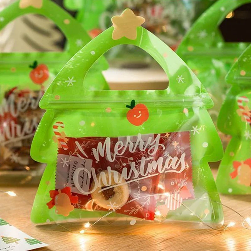 10pcs Candy Bags Christmas Gift Bags For Candy Chocolate Cookie Nougat Biscuit Packing Gift Tree Shape Self Sealing Storage Bag