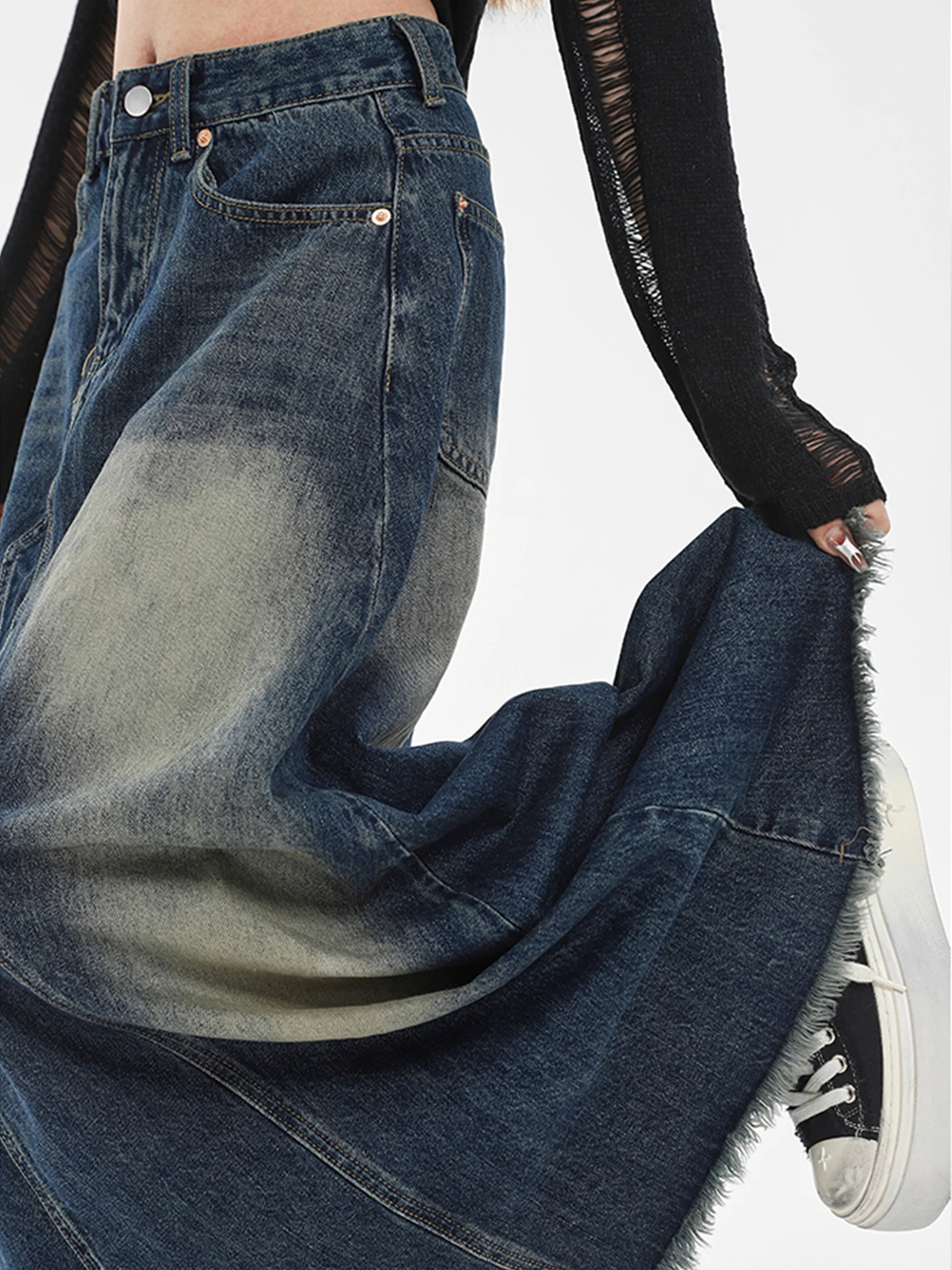 REDDACHiC Patchwork Vintage Denim Maxi Skirt for Women Frayed High Rise A-line Long Jean Skirt Harajuku Grunge Y2k Streetwear