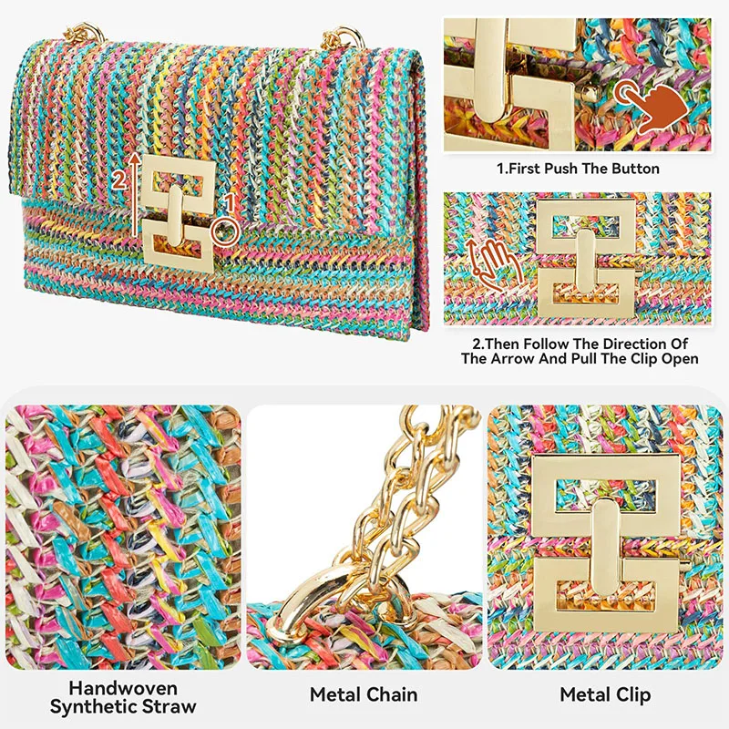 Woven Wicker Rattan Envelope Clutch Handbags for Women Boho Summer Beach Hand-Woven Straw Purses Ladies Shoulder Messenger Bags