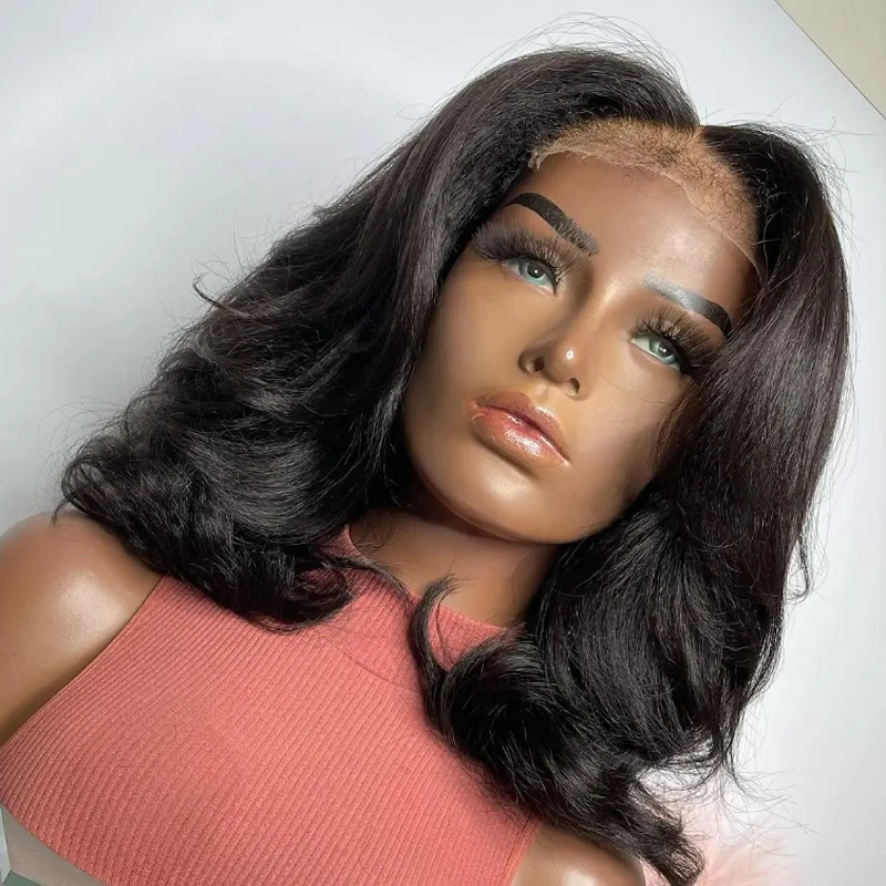 Preplucked Kinky Straight Wavy Yaki Wave Glueless Short Bob Natural Black Lace Front Wig Synthetic Baby hair Heat Resistant