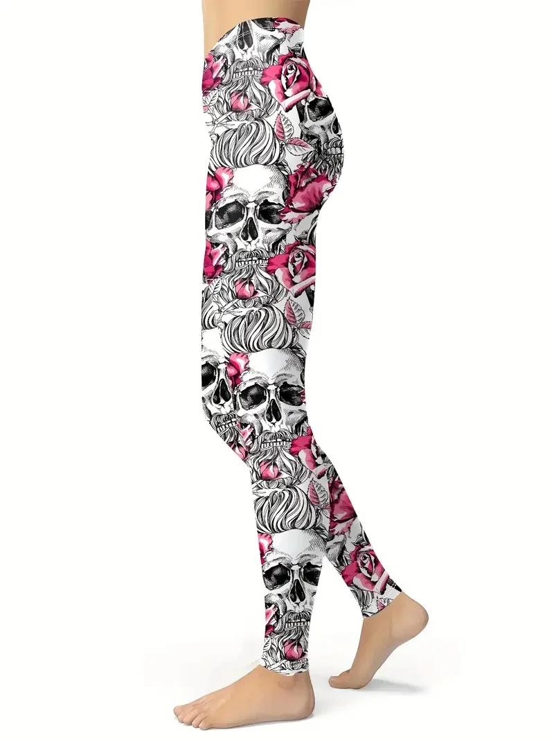 Rose Red & Skull print hip Lift tight waist comfortable stretch casual leggings for women everyday, travel, wear