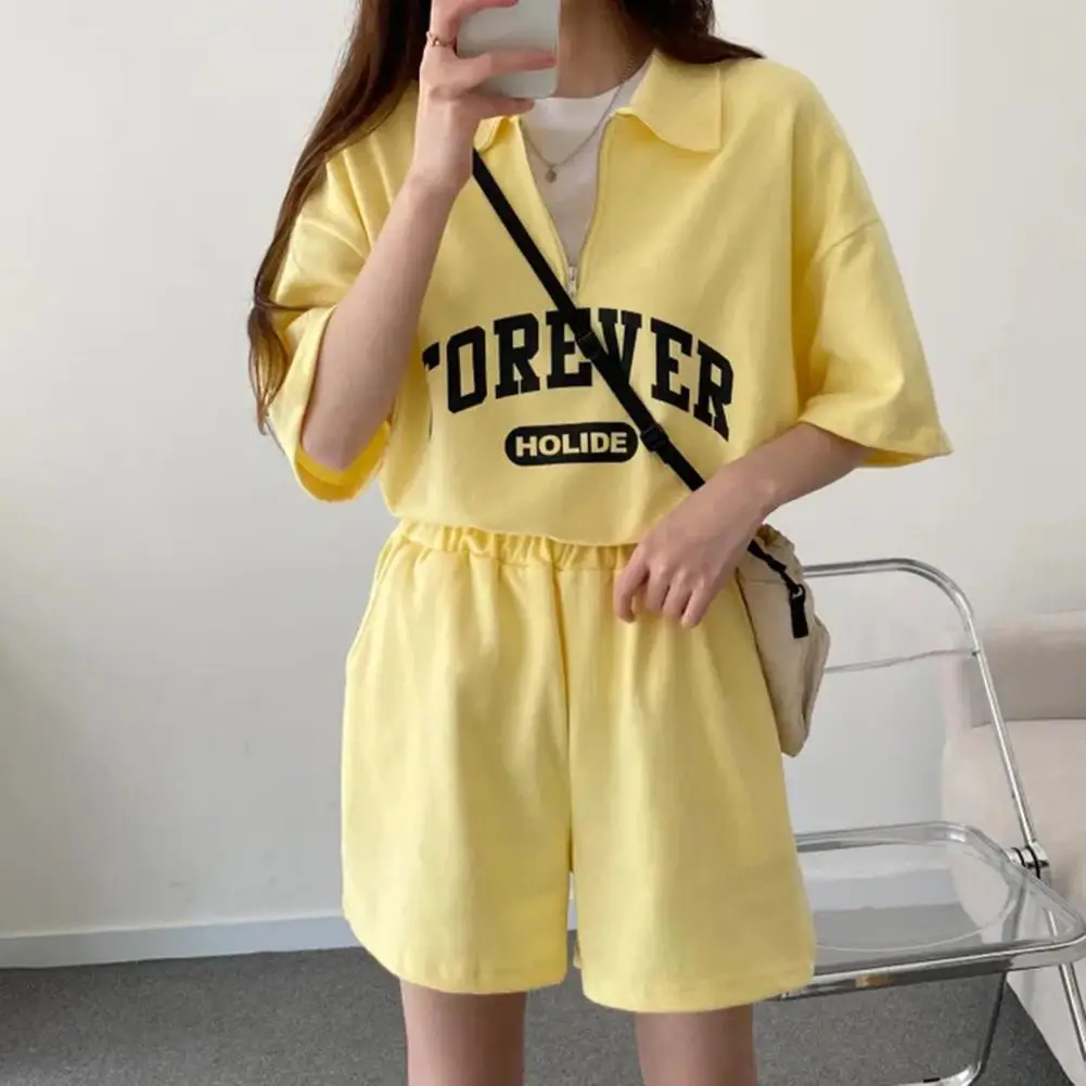 Harajuku Letter Print T-shirts Shorts Set Korea Fashion Ladies Solid Color Suits 2023 Summer 2 Piece Outfits Top Shorts Combo