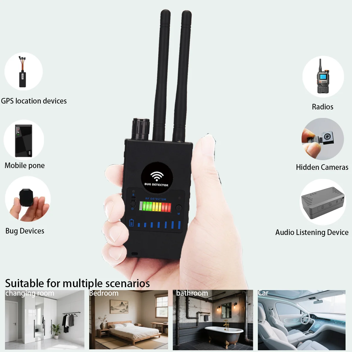 

Умный беспроводной детектор ошибок с магнитным зондом, диапазон 15 м, чувствительность 73 дБ; найти шпионские камеры, GPS-трекеры, устройства 2G/3G/4G