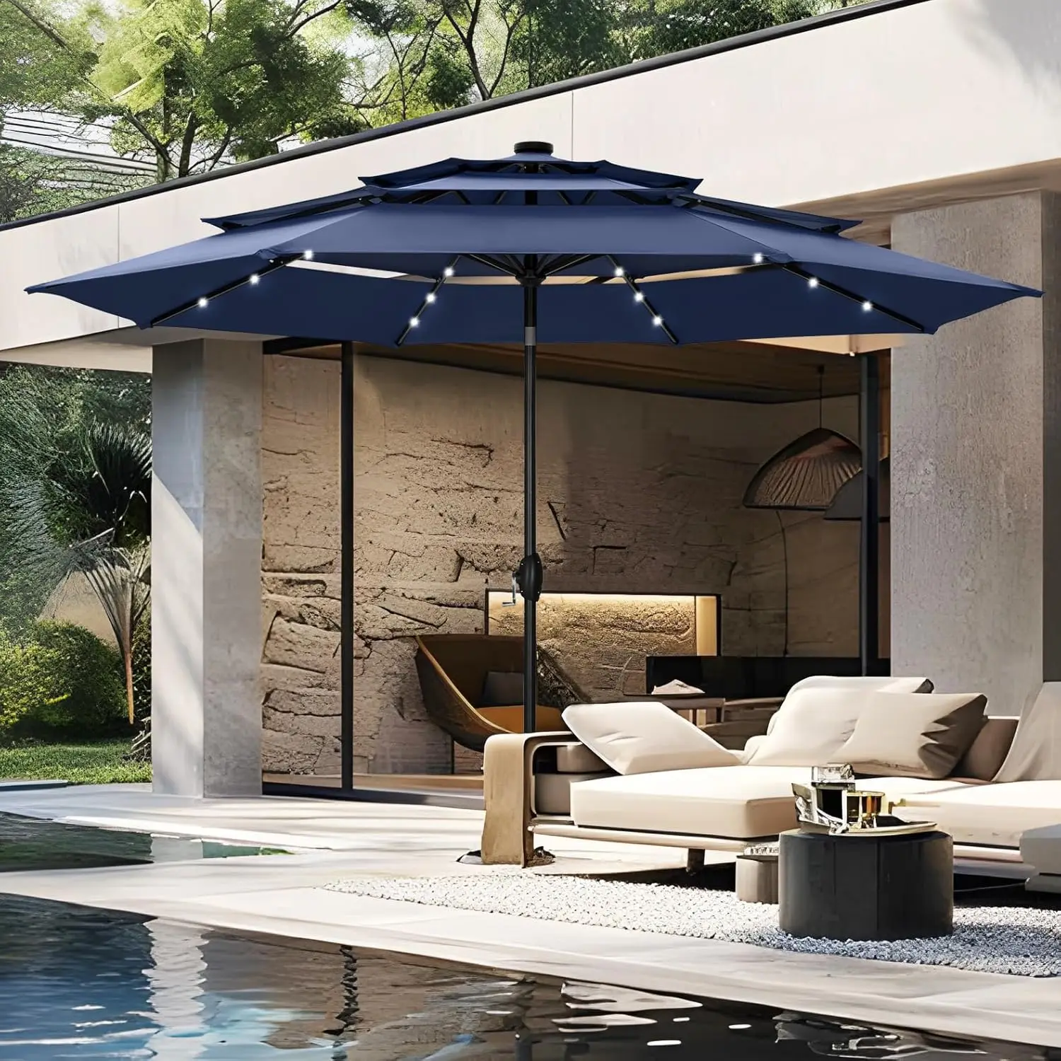 

10ft Outdoor Patio Umbrella with LED Light Auto Tilt 3 Tier 8 Ribs 1.5in Pole Pool Garden Lawn Terrace Navy, Customized