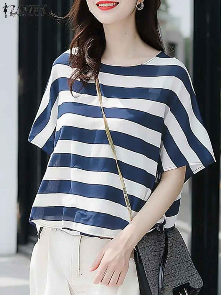 

ZANZEA Women Stripe Blouse 2024 Summer Casual Round Neck Short Sleeve Tops Koeran Fashion All-match Tunic Holiday Loose Tunics