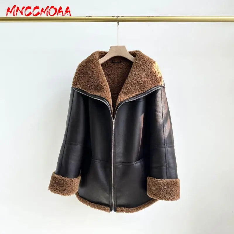 MNCCMOAA 2024 Winter Women Fashion Loose Thickening Warmth Faux Leather Jacket Coat Female Casual Long Sleeve Zipper Outerwear