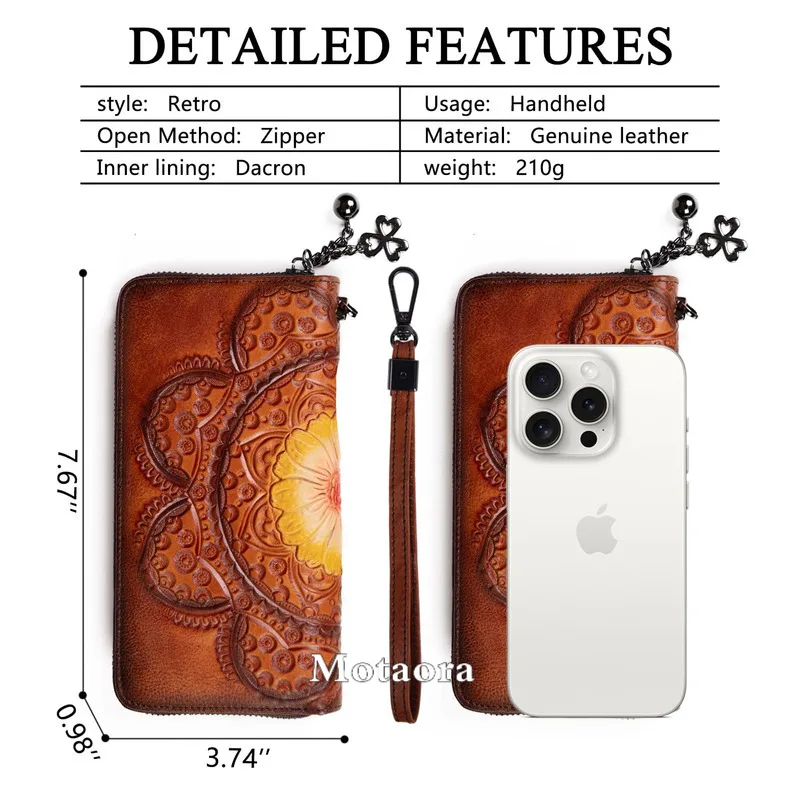 Women's RFID Blocking Wallet Genuine Cowhide Leather Handmade Embossing Vintage Long Clutch Purse with Wristlet & Card Slots NEW