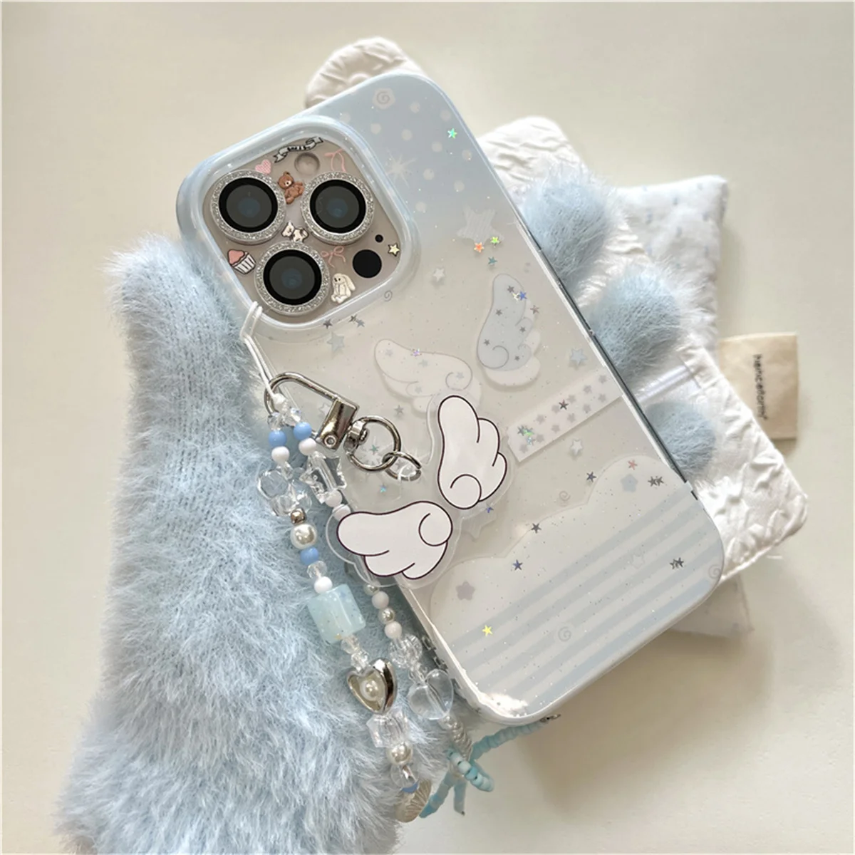 

Korean Glitter Cute Star Wing Phone Case For iPhone 16 Pro 15 14 Pro Max Cover with Chain Shockproof Cases Funda