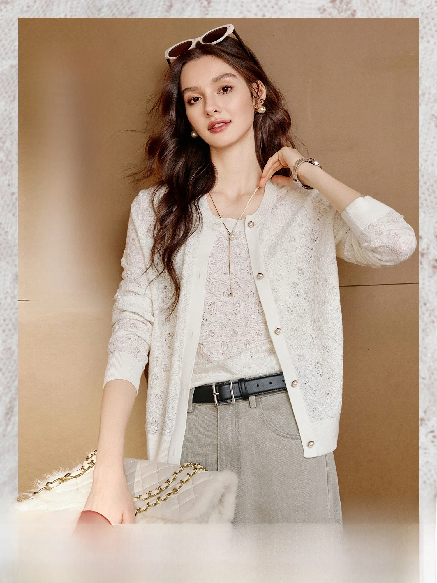 

Кружевной вязаный ацетатный топ-кардиган для женщин, стандартный крой, с длинным рукавом, круглым вырезом, тонкий, для осенне-весеннего сезона, модный стиль