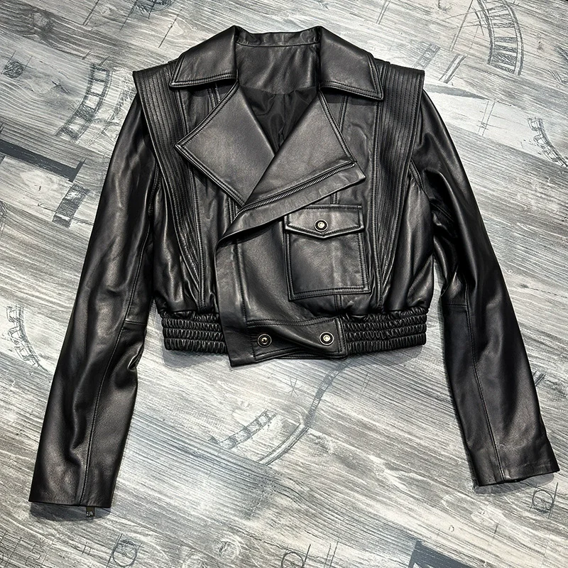 Giacche corte in vera pelle al 100% per donna 2025 Moda autunnale Cerniera Elastico in vita Cappotti casual da donna in pelle di pecora di livello A