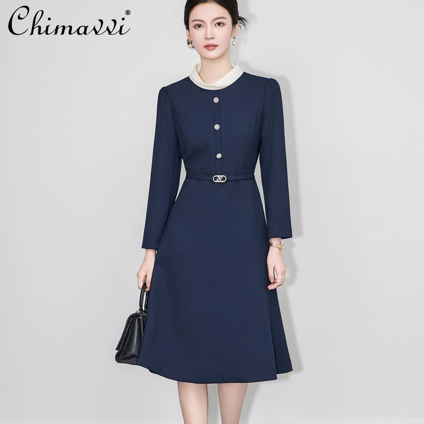 

French Simple Elegant Office Lady Business Dress Stand Collar Long Sleeve Belt Slim A-line Banquet Party Long Dress Women Autumn