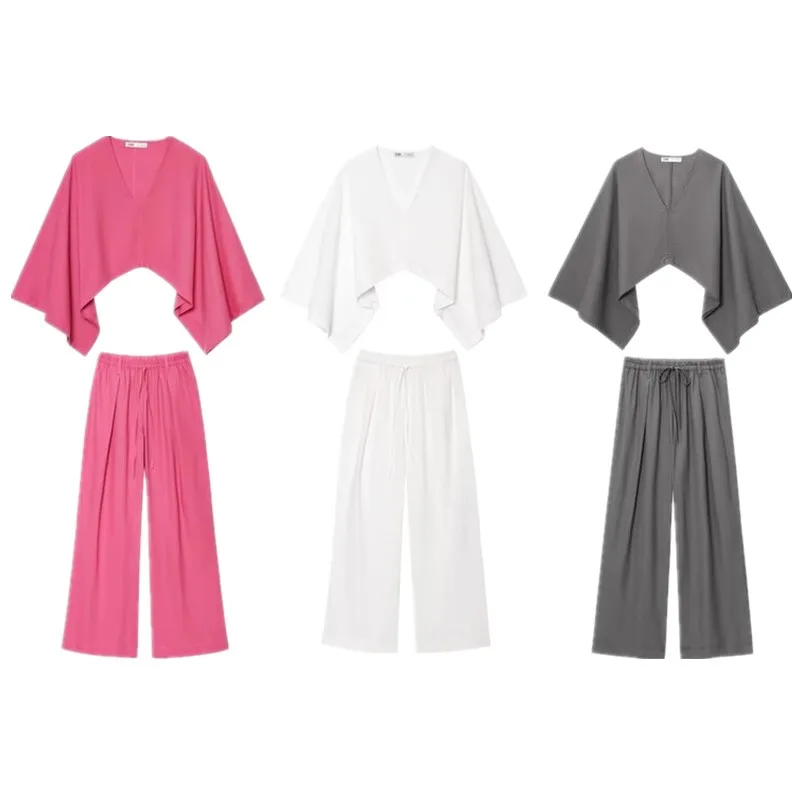 

Asymmetric Mixed Fabric V-ne Outerwear Long Pants Women's Faion Summer New Arrival Clothing Set for Younger Women