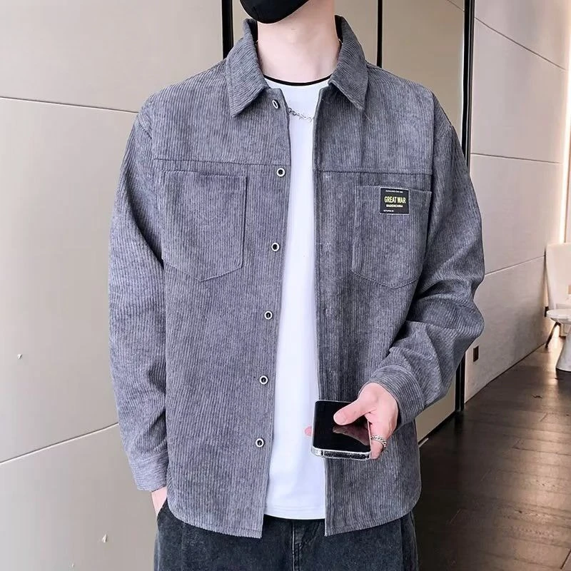 

​Fashionable Men's Corduroy Jacket Korean Style Flap Collar Workwear Jacket Short Loose Fit for Seasonal Wear​