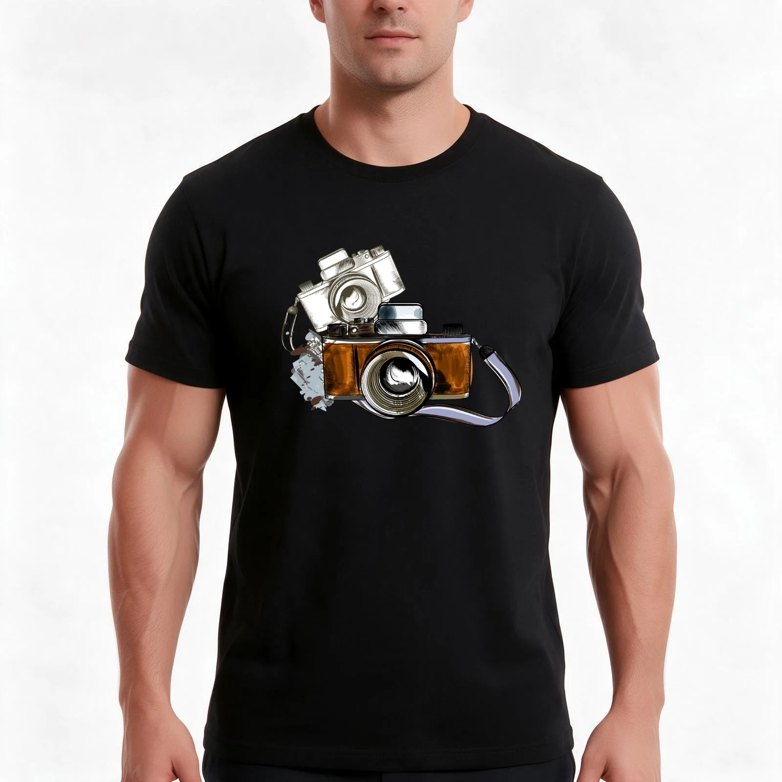 Camera with strap T-Shirt, Summer Casual Cotton Tee, Oversized Streetwear Tops, Vintage Graphic Print, Loose Fit Short Sleeve
