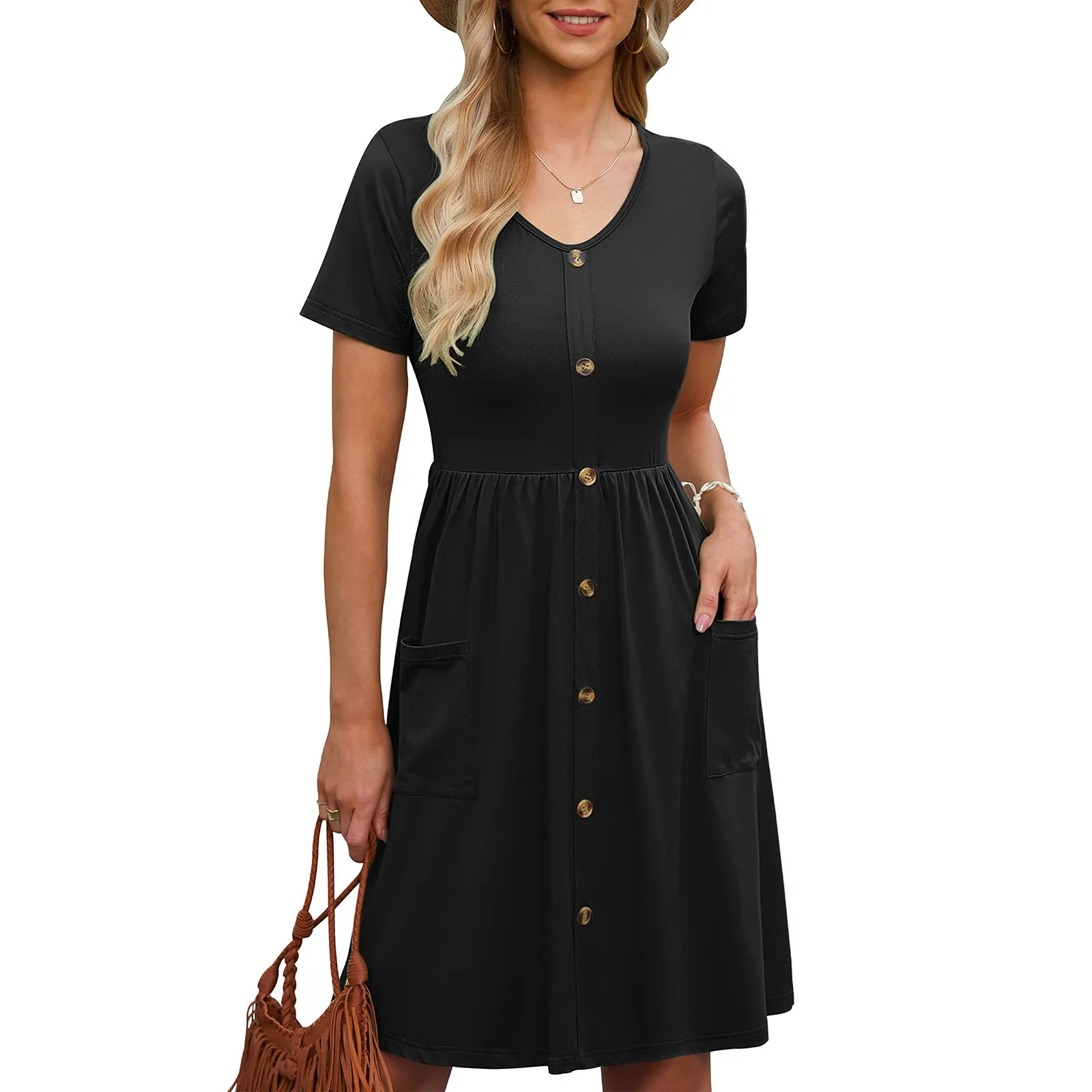 Boho Women Button Summer Dress manica corta abiti al ginocchio con tasca Casual tinta unita abiti femminili Robe Femmes