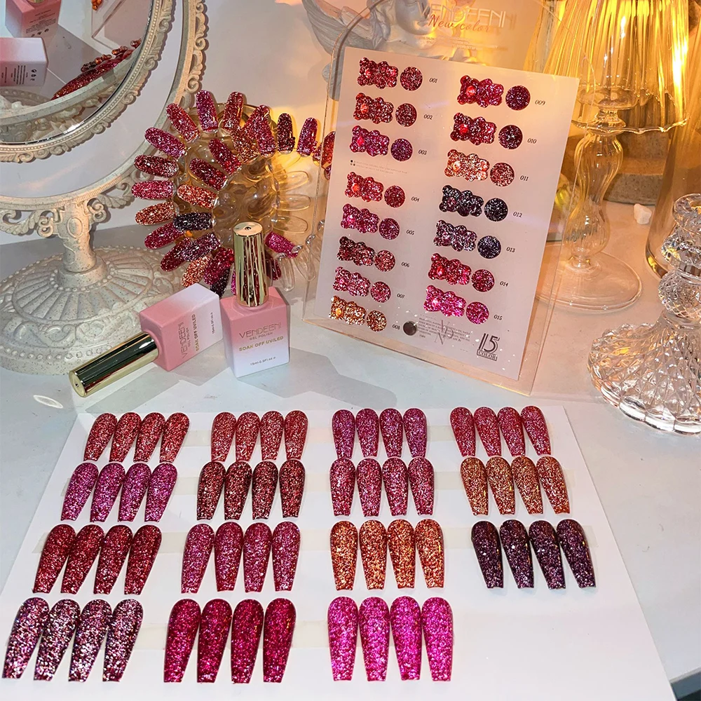 Vendeeni 15 Farben/Set Roter Glitzer-Broken-Diamond-Gel-Nagellack Semi-Permanenter UV-LED-Soak-Off-Gel-Lack mit Display – Detail 11