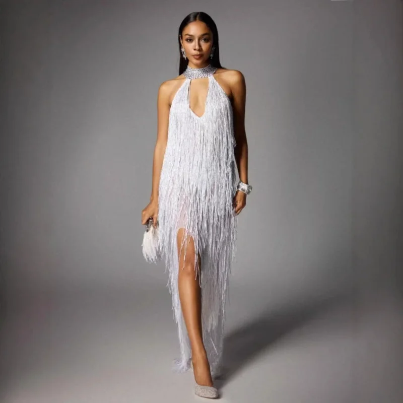 New Arrival Ladies Sexy Low-cut High Split Sleeveless Tassel Dress European and American fashion Party Dinner Dress