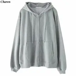 Sweatshirt Hoodie Oversize Hooded Cardigan Sweatshirts Gray Women Clothes Solid Zip Up Hoodies Spring Women Tops Long Sleeves