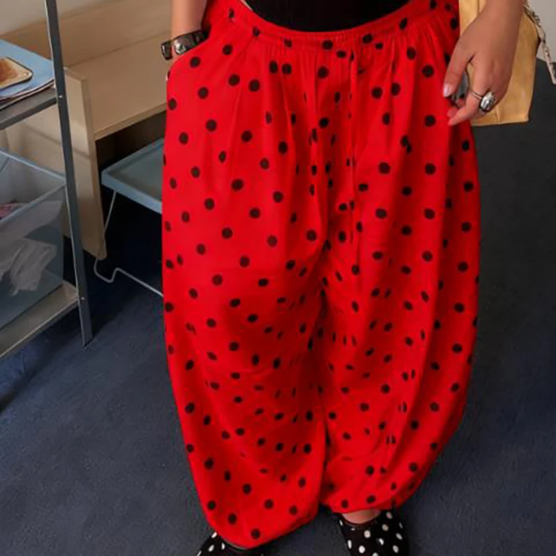 

Женские широкие брюки, легкие эластичные брюки в горошек, свободный крой, повседневные пляжные брюки для отдыха, эстетические прямые брюки