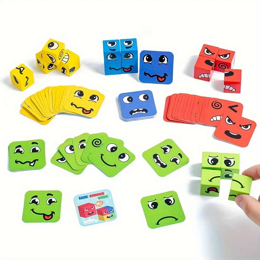 

Cube Face Change Game – Wooden Puzzle Toy for 4 Players, Interactive Family Fun Early Learning Emotion Toy